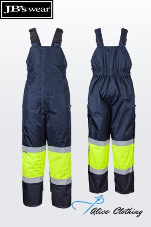 Navy blue waterproof bib overalls with neon yellow high‑visibility bands and reflective stripes, shown from front and back.