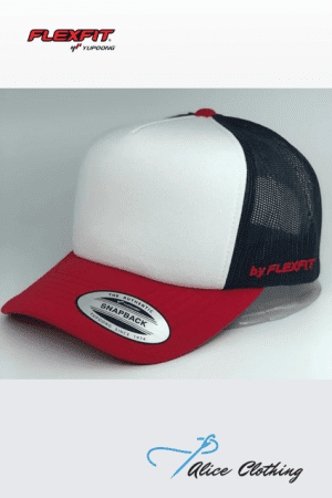 White front trucker hat with a red brim and black mesh back, featuring FLEXFIT branding and a SNAPBACK sticker; Alice Clothing watermark bottom.