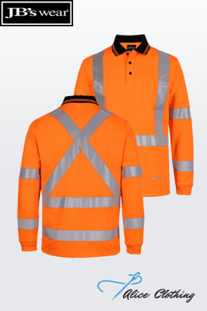 Two high-visibility orange polo shirts with reflective silver stripes, shown from the front and back (JB's Wear branding).
