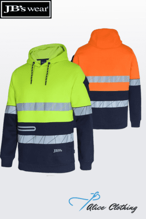 Front and back views of neon yellow-green and orange high-visibility hoodies with navy panels and reflective stripes.