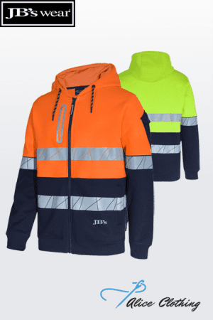 Two high-visibility jackets with reflective bands: orange/navy front jacket and neon-green/navy back jacket, front zip and hood; JB's wear branding and Alice Clothing logo at bottom.