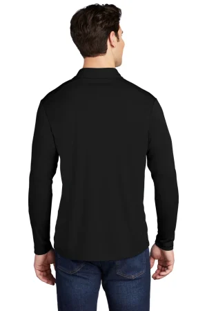 Back view of a man wearing a black long-sleeve shirt and blue jeans, facing away from the camera.