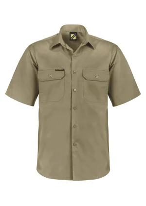 Khaki short-sleeve work shirt with two chest pockets and button front, brand tag visible.