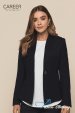 Portrait of a woman in a navy blazer and white blouse against a beige backdrop; Career by Gloweave logo at top left.