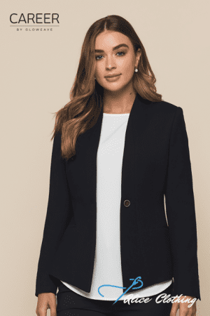 Portrait of a woman in a navy blazer and white blouse against a beige backdrop; Career by Gloweave logo at top left.