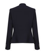 Back view of a navy blazer with structured shoulders and four gold-tone buttons on each sleeve cuff.