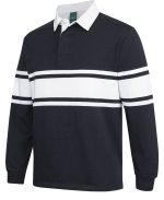 Navy long-sleeve polo shirt with a white collar and white horizontal stripes across the chest and sleeves.