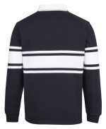 Back view of a navy blue sweater with white horizontal stripes across chest and sleeves, white collar edge visible.