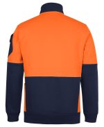 Back view of a two-tone orange and navy color-blocked sweatshirt with navy cuffs and hem.