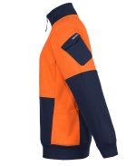 Orange and navy color-blocked sweatshirt with navy cuffs and a small navy arm pocket on the left sleeve.