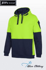 Color-block hoodie with lime green on top and navy lower half, navy hood lining and drawstrings, and a front pocket on a white background.