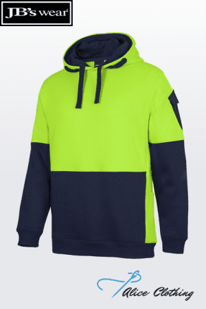Color-block hoodie with lime green on top and navy lower half, navy hood lining and drawstrings, and a front pocket on a white background.
