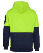 Back view of a color-block hoodie: neon lime-green upper and hood with navy blue lower section and sleeves.