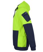 Bright neon high-visibility jacket with navy blue sleeves and pockets, shown from the side.
