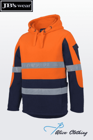 High-visibility hoodie in bright orange with navy panels and two reflective bands across the torso and sleeves, brand JB's Wear (displayed by Alice Clothing).