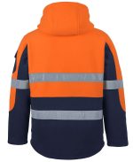 Back view of a high-visibility safety jacket: bright orange top with navy lower section and two reflective stripes around the torso and sleeves.