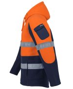 High-visibility orange and navy jacket with reflective stripes and a sleeve pocket for safety gear