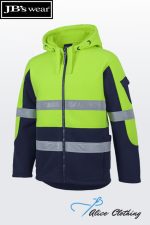 Hi-visibility lime jacket with navy panels, hood, front zipper, and two reflective bands.
