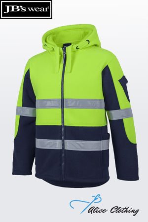 Hi-visibility lime jacket with navy panels, hood, front zipper, and two reflective bands.