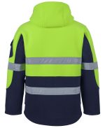 Back view of a high-visibility safety jacket: neon yellow/green upper with navy lower body and reflective bands around the torso and sleeves