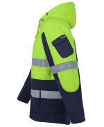 Neon yellow and navy safety jacket with reflective stripes, hood, and a navy arm pocket on the sleeve.