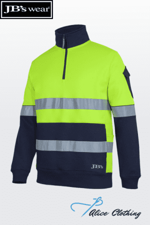 High-visibility lime pullover with navy sleeves, silver reflective bands, and a zip neck; JB's Wear logo on the front, sold by Alice Clothing.