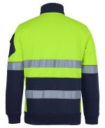 Back view of a fluorescent high-visibility jacket with navy cuffs and two reflective silver stripes across the back and sleeves.