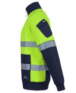 High-visibility safety jacket in neon yellow with navy sleeves and silver reflective stripes, featuring pockets and an armband pocket.