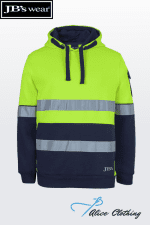 High-visibility neon yellow hoodie with navy lower section and two reflective stripes across chest and sleeves, hooded with black drawstrings; JB’s Wear branding.