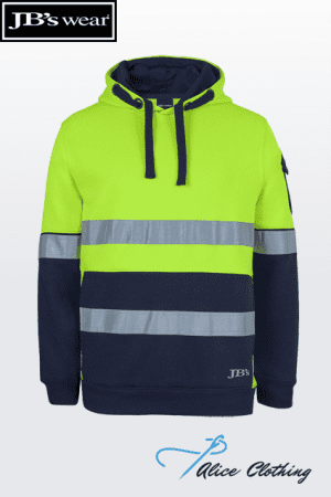 High-visibility neon yellow hoodie with navy lower section and two reflective stripes across chest and sleeves, hooded with black drawstrings; JB’s Wear branding.