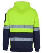 Back view of a high-visibility safety hoodie with neon yellow top and navy bottom, featuring reflective bands around the torso and sleeve areas.