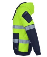 High-visibility safety jacket in neon yellow and navy with reflective stripes, hood, and multiple pockets (side view).
