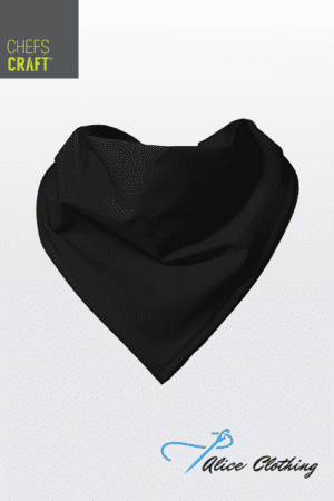 CC104 - Chef Craft Chef Neckerchief - Alice Clothing Black triangular bandana folded into a heart shape, with Chefs Craft logo in the top-left and Alice Clothing logo bottom-right