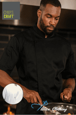 Male chef in a black chef coat cooks at a stove in a professional kitchen; Chefs Craft logo appears in the top-left corner.