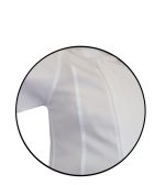 Close-up view of a white athletic polo shirt with breathable mesh side panels
