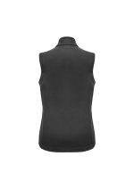 Back view of a black sleeveless vest with a standing collar.