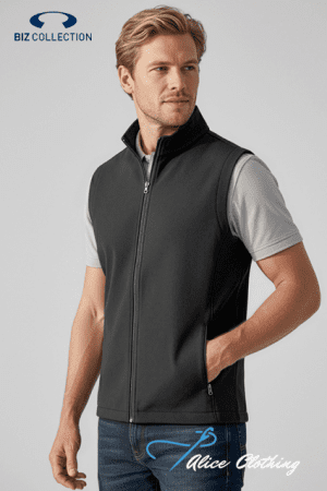 Male model wearing a black zip-up sleeveless vest over a light gray tee; Biz Collection logo top left, Alice Clothing watermark bottom right.