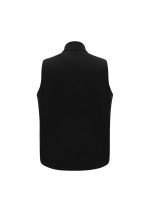 Back view of a black sleeveless vest with a stand collar