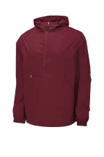 Maroon hooded windbreaker with a short vertical zipper and a front zip pocket on the chest area.