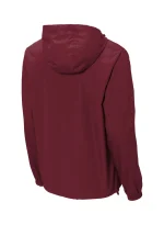 Back view of a maroon hooded windbreaker jacket with a drawstring hood and elastic cuffs
