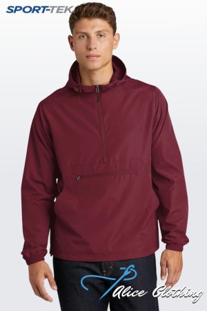 Man in a burgundy hooded windbreaker against a light gradient background; SPORT-TEK logo in the top-left corner and part of an 'Alice Clothing' watermark visible at the bottom.
