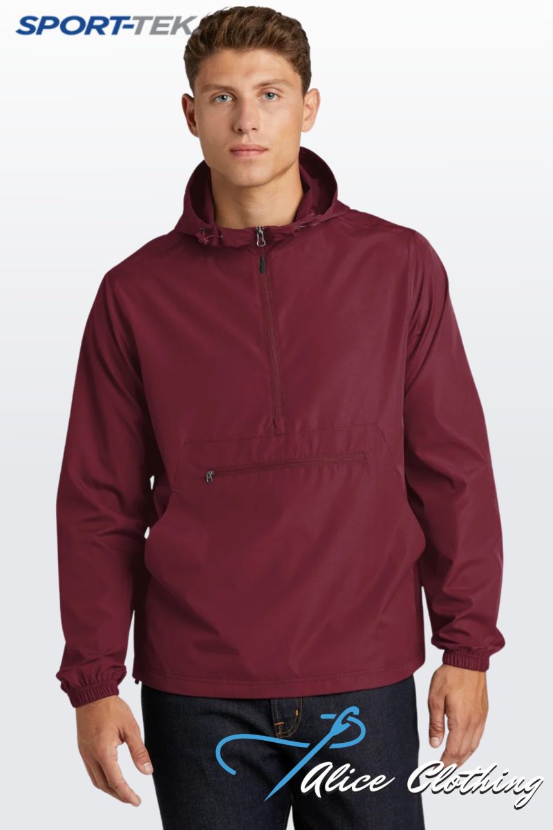 Man in a burgundy hooded windbreaker against a light gradient background; SPORT-TEK logo in the top-left corner and part of an 'Alice Clothing' watermark visible at the bottom.