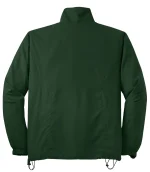 Back view of a dark green windbreaker with a high collar, elastic cuffs, and adjustable hem drawstrings.