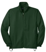 Dark green lightweight windbreaker with front zipper, stand collar, and elastic cuffs.