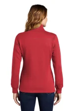 Back view of a person wearing a red long-sleeve fleece jacket, standing in jeans.