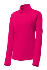 Bright pink long-sleeve pullover with a zipper at the collar, shown from the front
