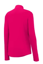 Back view of a bright pink jacket with long sleeves and a stand-up collar