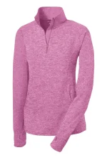 Pink heathered quarter-zip pullover sweater displayed on a white background.