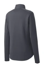 Back view of a dark gray textured jacket with a stand collar, long sleeves, and curved hem.
