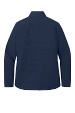 Back view of a navy blue quilted jacket with horizontal baffle stitching and stand collar.